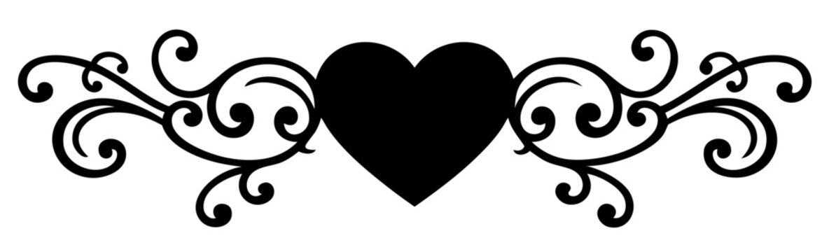 Decorative Valentine&rsquo;s Day Heart Divider with Elegant Swirl Flourishes, Symmetrical Horizontal Ornament for Romantic Frames and Greeting Cards