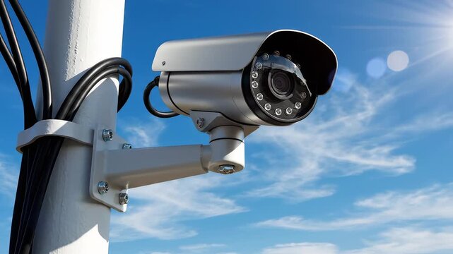 Security camera on pole against sky