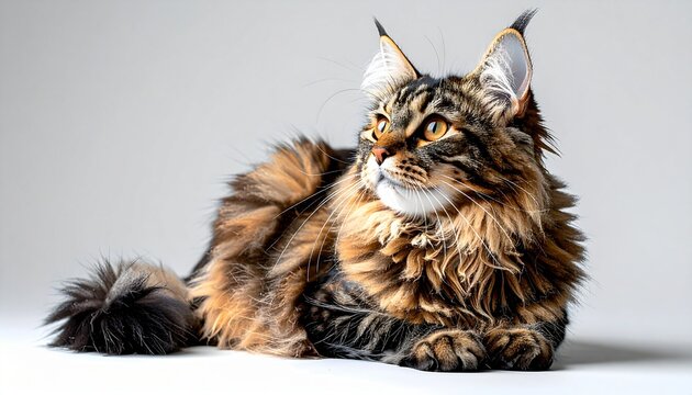 Majestic Maine Coon Cat Lying Down in Studio Setting.