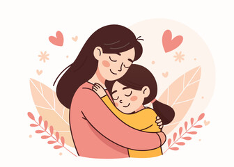 Flat Illustration of a Loving Mother and Child Hugging Tenderly, Symbolizing Familial Bond and Affection