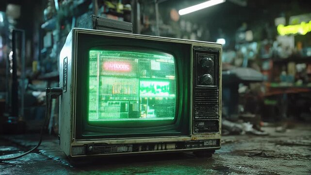 Vintage CRT TV Displaying Glitchy Neon Storefront in Damp Warehouse