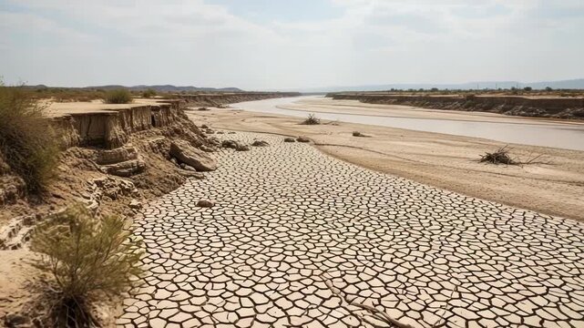 Wide shot of a dry riverbed, cracked earth foreground, mesas, sparse vegetation, and cloudy sky