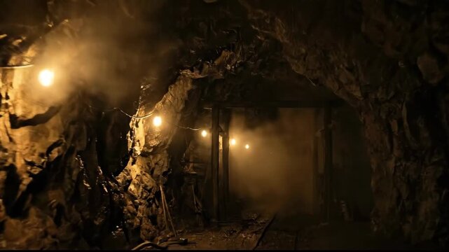 Dimly lit mine shaft with exposed rock walls and dangling light bulbs, Journey into a dark and mysterious underground mine tunnel with old railroad tracks