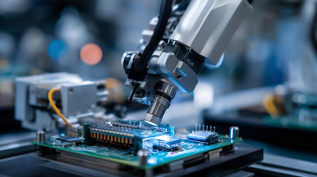Close-up of robotic arm assembling circuit board, faceless automated manufacturing, printed circuit board production, electronics assembly, microchip technology, precision