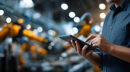 Defocused engineer with tablet controlling factory robots, blurred figure in smart manufacturing facility, Industry 4.0 concept, automation technology, production line innovation,
