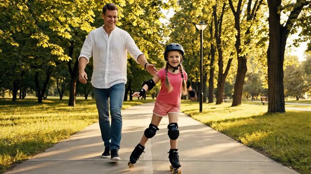 Man helping girl roller skating in park