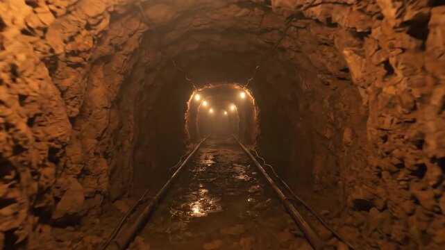 Illuminated mine tunnel with old railway tracks disappearing into the darkness, Atmospheric underground passage