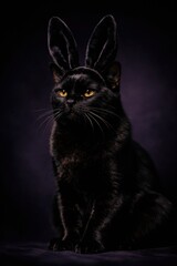 Obraz premium A black cat with yellow eyes wearing plush bunny ears. This image blends Easter themes with a dark humorous aesthetic. Perfect for social media posts or holiday greeting cards.