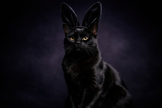 A black cat with yellow eyes wearing plush bunny ears. Gothic or humorous Easter theme with a dark aesthetic. Perfect for social media posts or seasonal greeting cards.