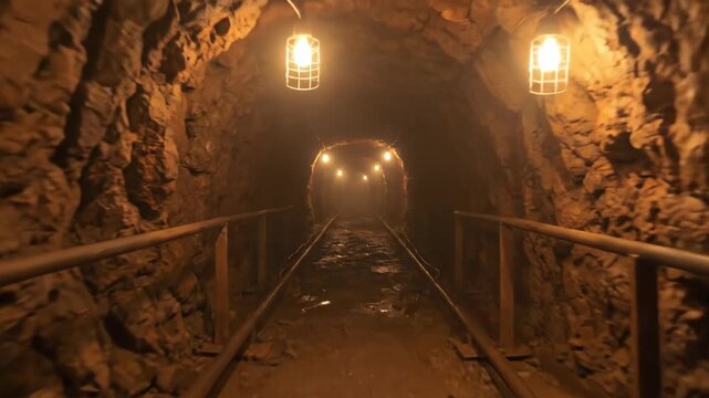Illuminated mine tunnel with tracks and hanging lights, a journey into the earth's depths, dark mine shaft with weathered walls and old railway tracks leading into the unknown