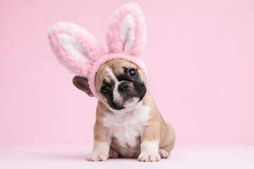 A French bulldog puppy sits against a pink background wearing fluffy bunny ears. This adorable pet celebrates Easter with a playful mood. Perfect for holiday greeting cards or animal themed ads.