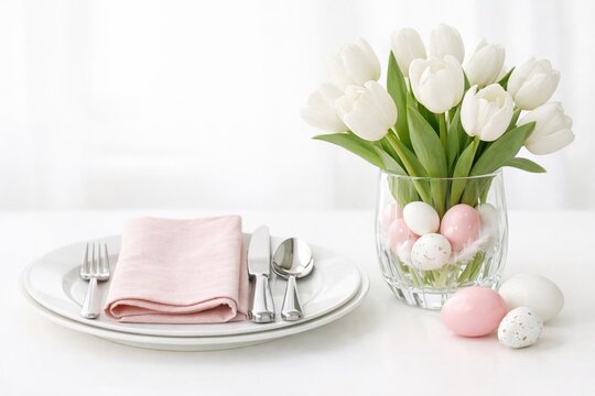 Elegant Easter table setting featuring white tulips in a glass vase with decorative eggs. Light and airy spring atmosphere. Perfect for holiday dinner promotions or lifestyle blogs.