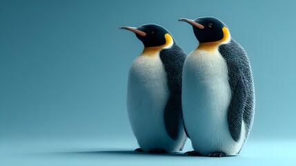Obraz premium Two emperor penguins stand side by side against a plain teal backdrop showcasing their distinctive yellow and black neck markings gracefully.