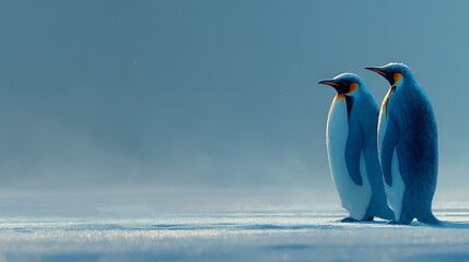 Obraz premium Two king penguins stand side by side on a snow covered landscape gazing into the distance on a cold and overcast day in Antarctica.