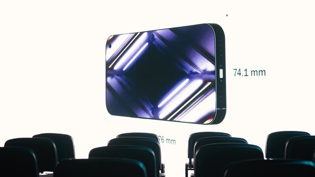 Empty conference hall for event introducing new mobile phone product, featuring modern design and smart display. Prepared for launch event with audience and potential clients.