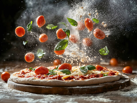 Premium pizza making scene with flying tomatoes, basil and flour in motion. Dramatic splash effect, energetic fast-food, gourmet street food, pizzeria branding, and modern luxury restaurant service.