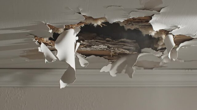 Ceiling damage with debris falling