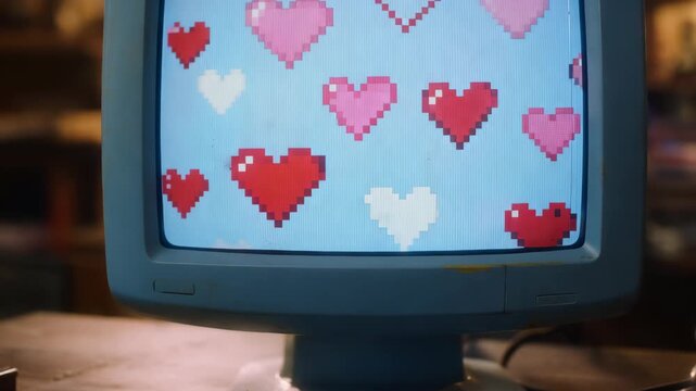Close-up of a pastel-colored computer monitor from the 90s, displaying cute pixel art hearts, soft glow on the desk.