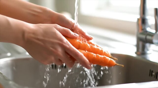 Fresh carrots being washed under running water in a kitchen sink