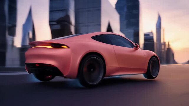Cinematic shot of a white levitating car with a matte pastel peach finish, gliding through a futuristic minimalist city at dawn.