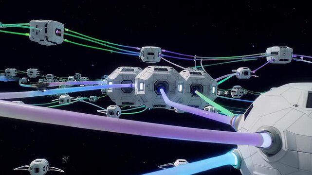 A background of floating modular white habitats in zero gravity, connected by glowing pastel tubes, futuristic colony.