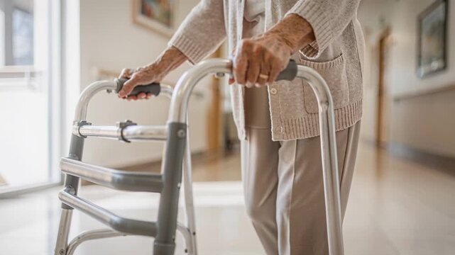 Elderly womans hand grips walker, slowly walking through nursing home. Daily mobility assistance and health care for seniors determination