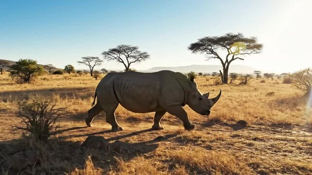 Black rhinoceros walking through the African savanna in the morning light of a clear day