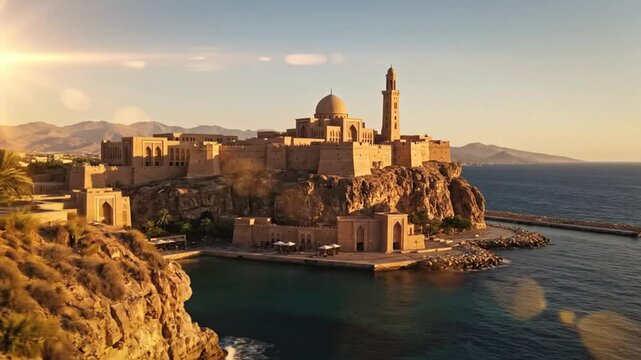 Scenic aerial view of an ancient fort overlooking the ocean with a minaret tower during golden hour.