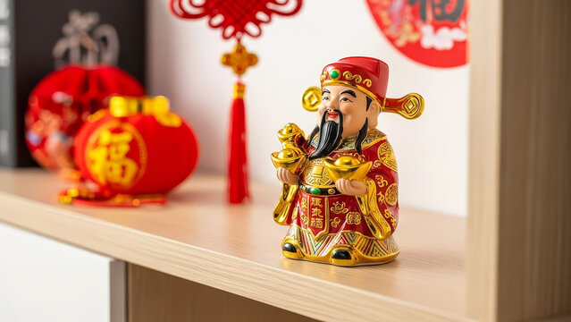 Colorful statue of Caishen displayed with red lanterns and Chinese New Year decorations at home
