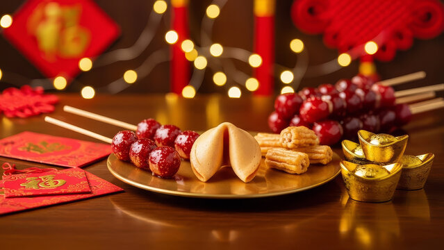 Festive setup with red candied hawthorn skewers, fortune cookies and gold ingots under warm lights on wooden table