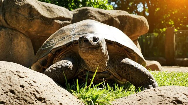 Giant tortoise basking in the sun in a zoo habitat, close-up of a reptile with a large shell