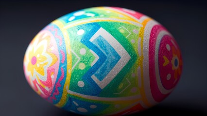 Fototapeta premium A brightly decorated Easter egg featuring vibrant colors and intricate patterns, symbolizing spring and celebration.