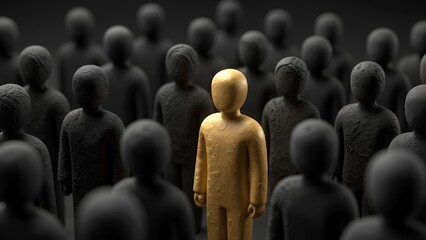 Obraz premium A striking image of a golden figure standing out among a crowd of black figures, symbolizing individuality and uniqueness amidst conformity.