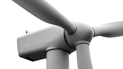 A close-up view of a wind turbine, highlighting its sleek design and components, emphasizing renewable energy technology.