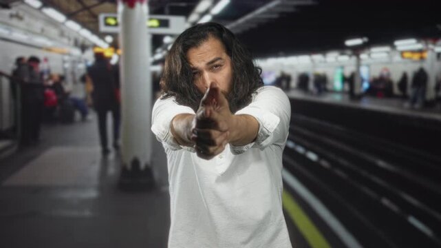 Man with long hair pointing hands like a finger gun on a crowded train platform inside building; playful bravado.
