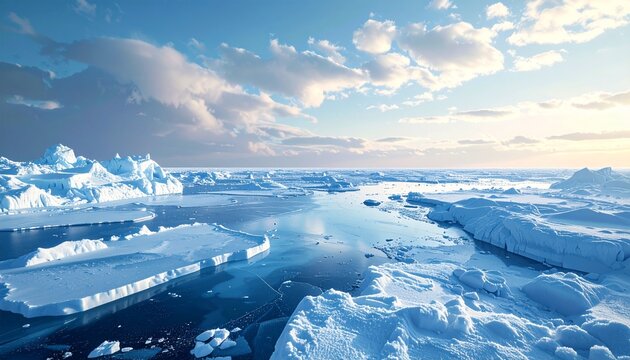 Arctic expanse - Ice floes and open water under a cloudy sky.