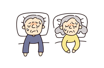 寝苦しそうなシニア夫婦のイラスト