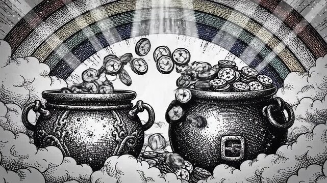 Pot of coins under rainbow in clouds