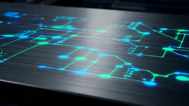 A background of moving holographic circuit patterns projected onto a dark brushed metal surface, sleek and professional.