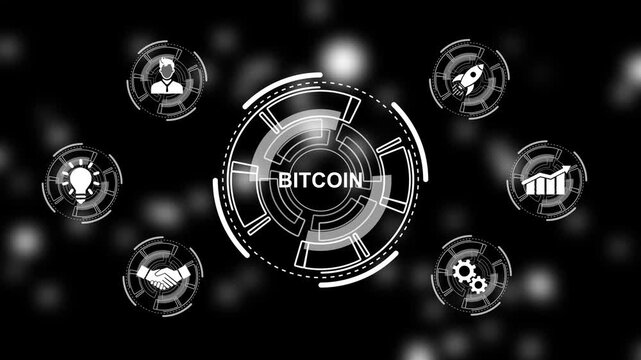 Bitcoin cryptocurrency growth stock market trading financial technology concept. a futuristic holographic advanced HUD circle platform Business, Technology network background concept.