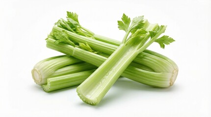 Fresh Green Celery Sticks with Leaves on White Background vegetable veggies