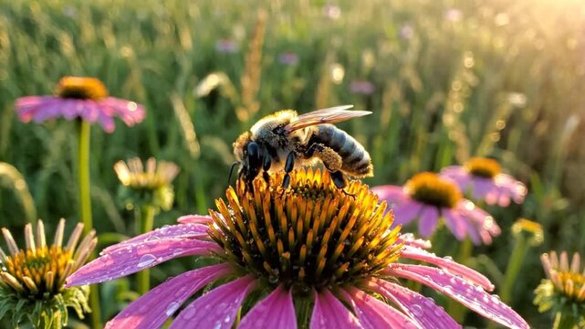 Close-up of a bee collecting pollen and nectar on a purple coneflower in a field during sunrise