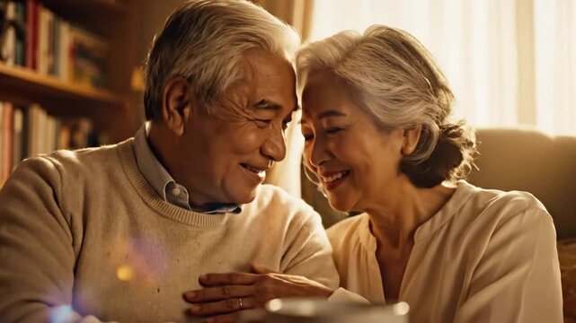 Loving senior couple sharing a tender moment, gazing into each other's eyes, and expressing contentment at home