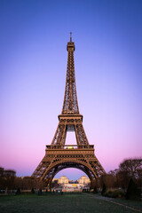 Vertical view of the Eiffel Tower at sunset with a pink and purple gradient sky. Iconic Parisian landmark framed by winter trees and the Champ de Mars park during twilight in France