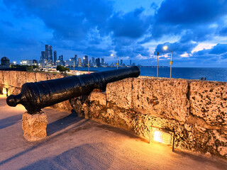 Historic cannon guarding modern city skyline at dusk © Drago