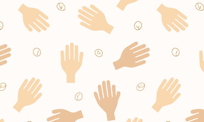 Fototapeta premium Hand washing seamless pattern, Minimalist vector background with open palms and soap bubbles for hygiene