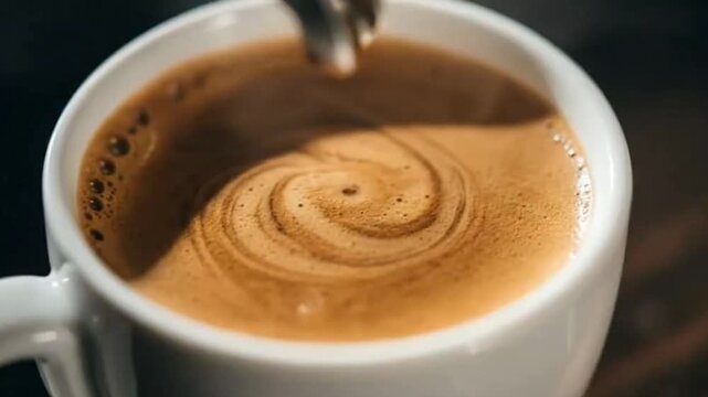 Stunning Close-up: Golden Espresso Crema Stream Poured from Machine into a White Coffee Cup | Ultimate Caffeine Boost
