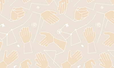 Abstract connection hands seamless pattern, Geometric vector background with constellation lines and network nodes © Bayanaka