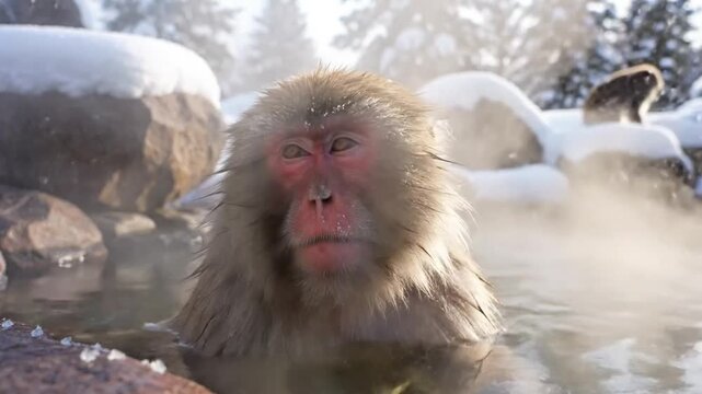 Japanese macaque enjoying a relaxing soak in a natural hot spring surrounded by snow, wildlife concept.