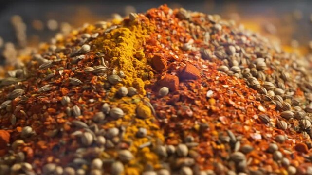 Close up shot of a vibrant spice mix with various textures and colors for cooking and flavoring in high definition